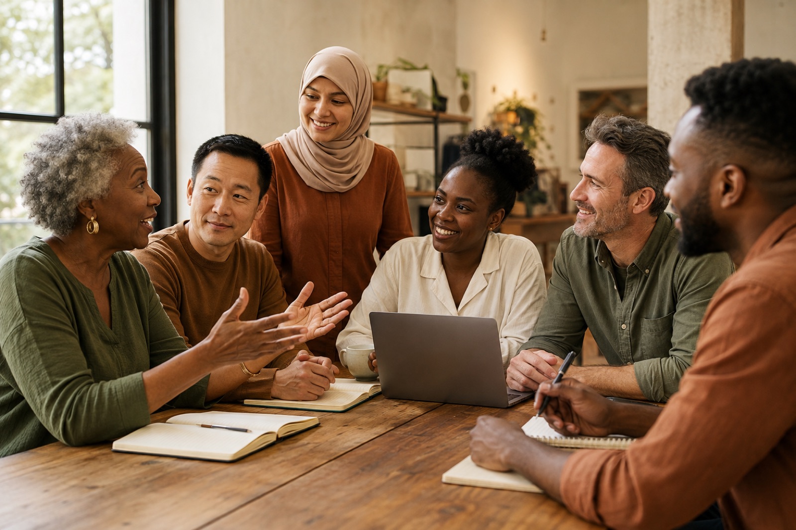 A diverse community gathering around a table